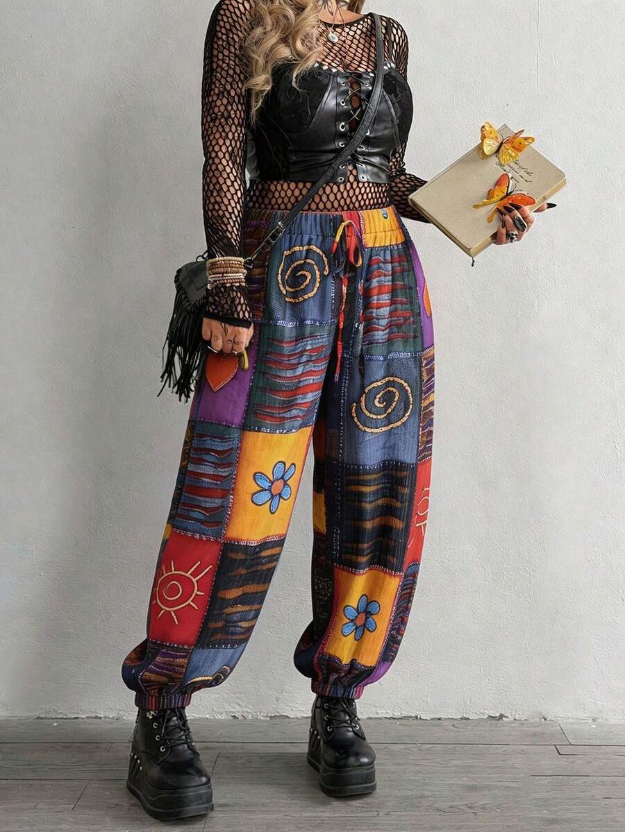 Whyspr Plus Size Dark Style Patchwork Print Loose Pants - Multicolor - View 1