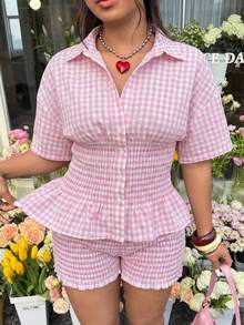 GalTyme Pink Collared Short Sleeve Top And Shorts 2 Pieces Set, Waist Cinched, Plus Size - Pink - View 3