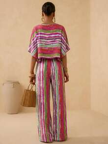 Vesra Women's Vacation Style Colorful Striped Batwing Sleeve Top + Matching Wide Leg Pants 2 Pieces Set - Multicolor - View 2