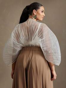 Vixey Áo liền thân bằng vải organza mỏng, xếp ly, tay bồng. - Màu be - Xem 4