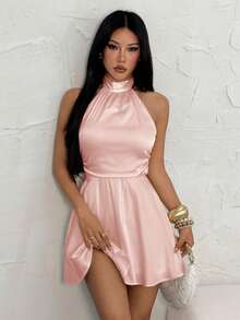 SHEIN PETITE 女款灰粉色優雅夏季派對露背扭結抓褶掛脖迷你洋裝，聖誕新年感恩節婚禮賓客舞會正式禮服，適合嬌小女性 - 粉色 - 查看 4
