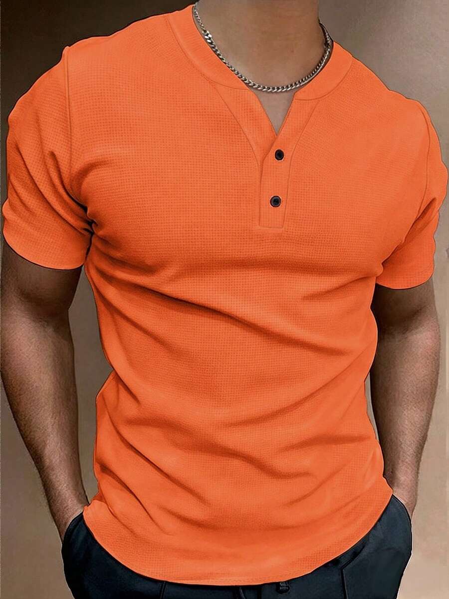 Manfinity Homme Áo thun ngắn tay Henley dệt kiểu waffle dành cho nam cỡ lớn - trái cam - Xem 1