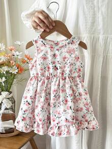 SHEIN Đầm cho bé gái 3 tháng-3 tuổi, 1 chiếc, kiểu dáng thường ngày dễ thương, trang phục mùa thu cho bé gái, đầm không tay phồng màu nâu có nơ trang trí. - Hồng - Xem 5
