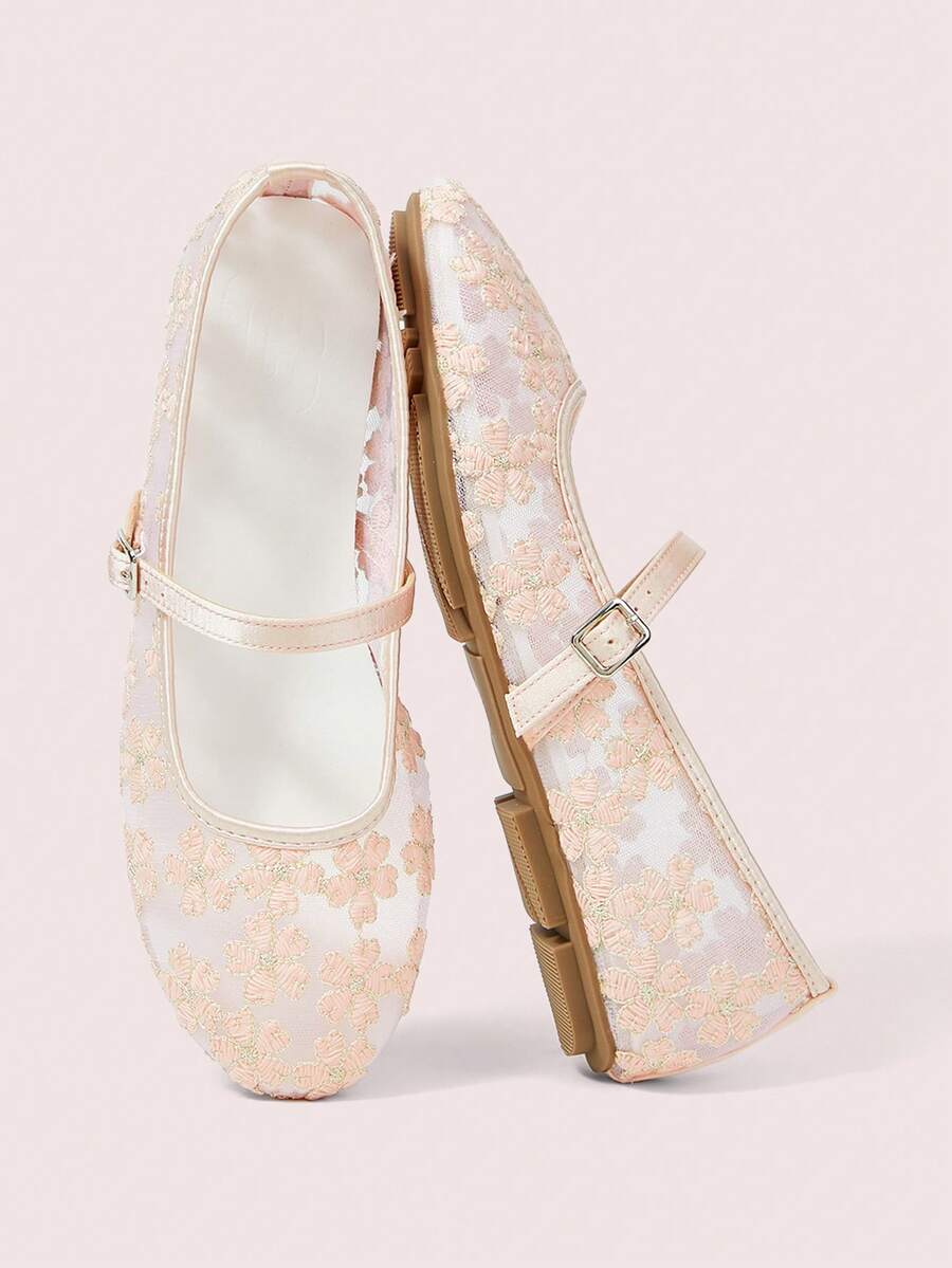 CUCCOO DOLLMOD Women's Shoes, Pink, Fashion Round Toe Flower Embroidery Word With Mary Jane Flats Cute And Sweet - Pear pollen - View 1