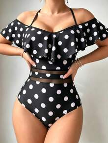 SHEIN Swim Women's Summer Beach Vacation Polka Dot Floral Print Ruffle Halter Splicing Sheer Mesh One-Piece Swimsuit - Black and White - View 4