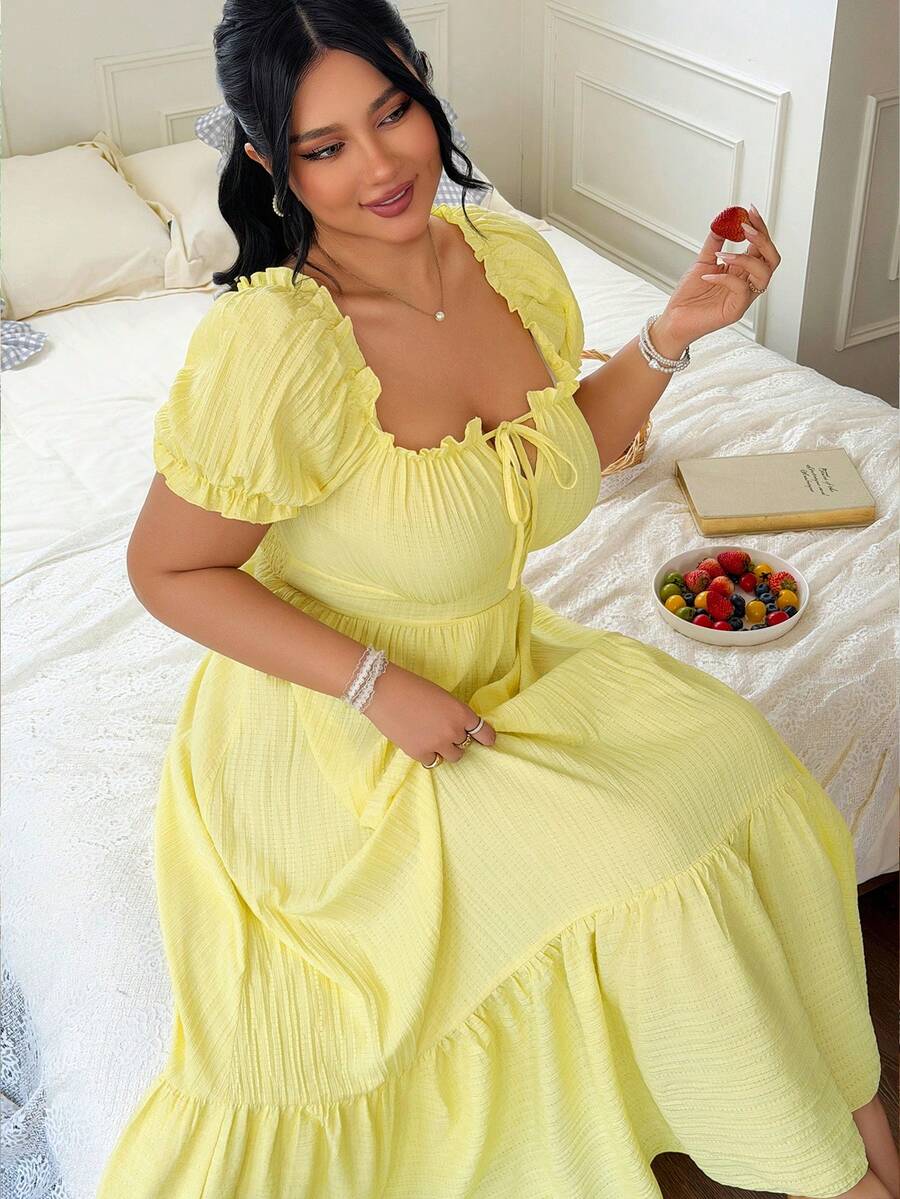 FleurLily Plus Size Women's Square Neck Puff Sleeve Bow Tie Waist Backless Dress, Elegant For Outings And Gatherings - Light Yellow - View 1