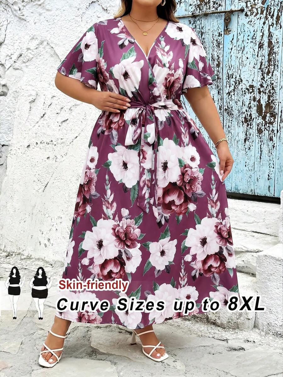 SHEIN CURVE+ Đầm dáng rộng, họa tiết hoa lớn, kiểu retro, có dây rút, phù hợp cho mùa xuân/hè, dáng đầy đặn, đi nghỉ mát, đầm xòe, đầm chống nắng cho nữ, trang phục đi biển cho nữ/đầm đi biển/trang phục đi biển/đồ cần thiết đi biển/đầm tốt nghiệp/đầm dự tiệc trà, trang phục mùa hè/đồng quê/đi biển/trang phục đi biển/đồ mặc đi biển - Màu Tím - Xem 1