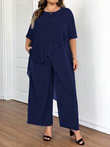SHEIN CURVE+ 大尺碼女款純色圓領蝙蝠袖不對稱下擺上衣與長褲休閒兩件套 - 藏蓝色 - 查看 6