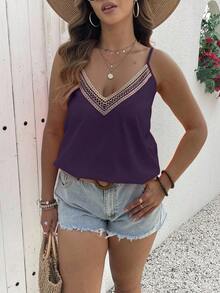 EMERY ROSE Camiseta de mujer elegante con cuello en V de encaje y parches - Morado - Ver 4