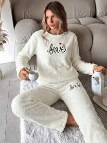 WovenCharm 2Pcs Pelush Love Embroidery Detail PJ Set - White - View 4