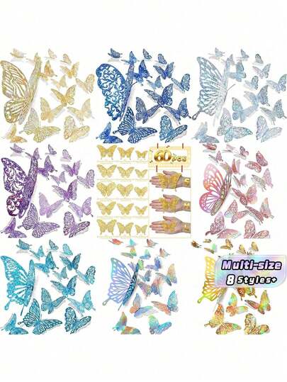 Juego de 60 mariposas de papel 3D con purpurina dorada para decoración de fiesta, boda y cumpleaños - Decoración de mariposas arcoíris