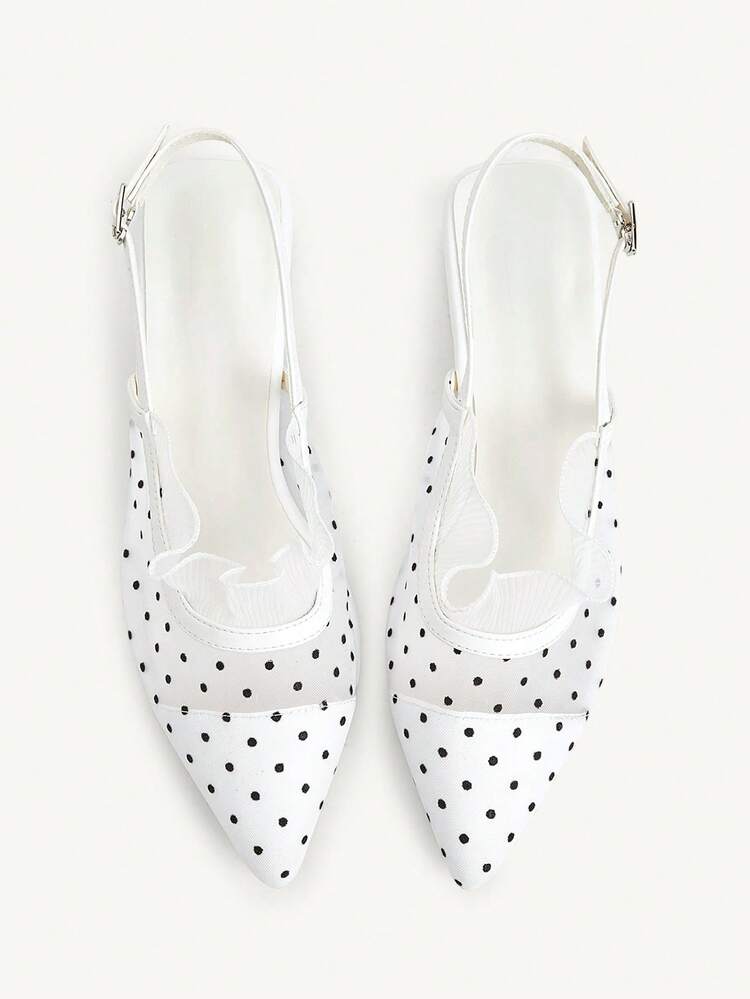 CUCCOO CHICEST Ladies Low Heel Pointed White Polka Dot Mesh Lace Sexy Elegant Fairy Wind Comfortable Breathable Short Heel Women Flat Shoes Empty Shoes