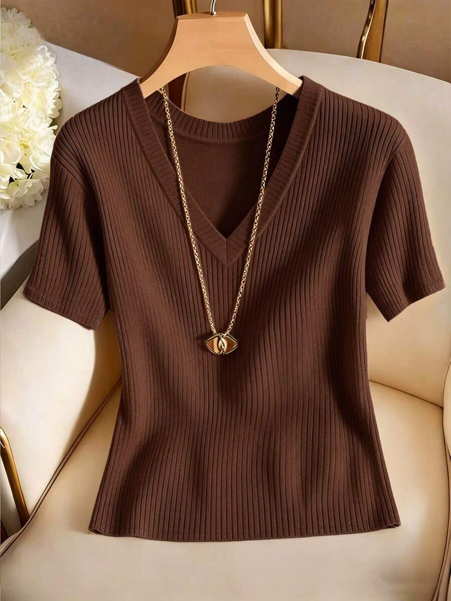 Franclia Women's Elegant Casual V-Neck Short Sleeve T-Shirt - Rust Brown - View 1