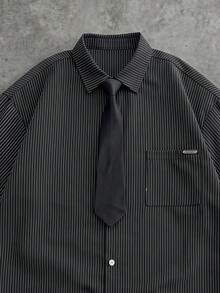 SWAVVY Men's Striped Drawstring Collar Casual Versatile Daily Wear Shirt - Black - View 3