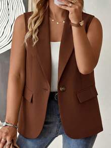 GlowEve CURVE Plus Size Women's Commuter, Notched Collar Design, Decorative Button, Sleeveless Blazer - Brown - View 4