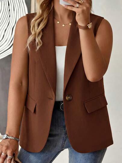 GlowEve CURVE Blazer sin mangas para mujer de talla grande, diseño de cuello con muesca, botón decorativo