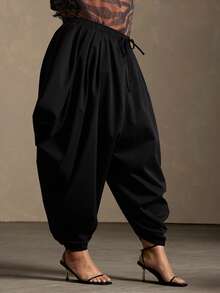 Vixey Pleated Plus Size Pleated Structure Elastic Waistband Harem Joggers - Black - View 5