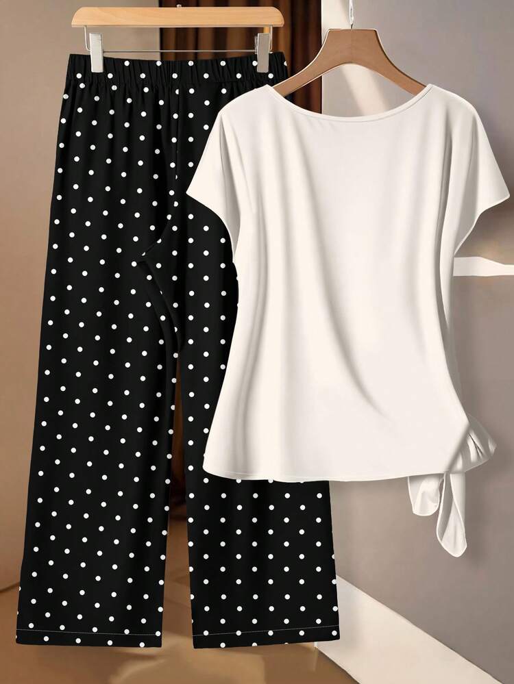 EMERY ROSE 2pcs Plus Size Polka Dot Pants And Bow Tie Blouse Set - Multicolor - View 2