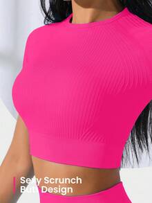 SHEIN Core Rhythm Seamless Stretchy Women Sports Cropped T-Shirt & Leggings Set Ribbed Workout Buttery Soft Legging Two Piece Curve Activewear Quick-Dry Quick Dry - Hot Pink - View 8
