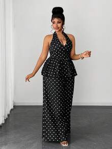 Maweii Plus Size Polka Dot Elegant 90s Commuting Fashion Versatile 2 Pieces Set Brunch Vacation Wedding Guest Black And White Summer - Black - View 5