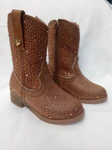 BotaS VAQUERAS con diamantes  para niñas, botas altas para niñas nueva temporada de otoño e invierno, botas largas de campo con decoración de diamantes brillantes - cafe - Ver 3