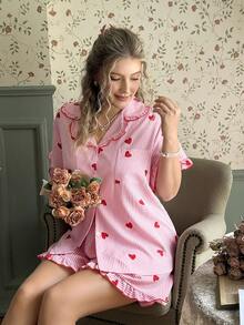 CottageSlumber Conjunto de pijama de cárdigan con cuello de volantes con estampado de corazones rosa y pantalones cortos de talla grande - Rosa - Ver 3