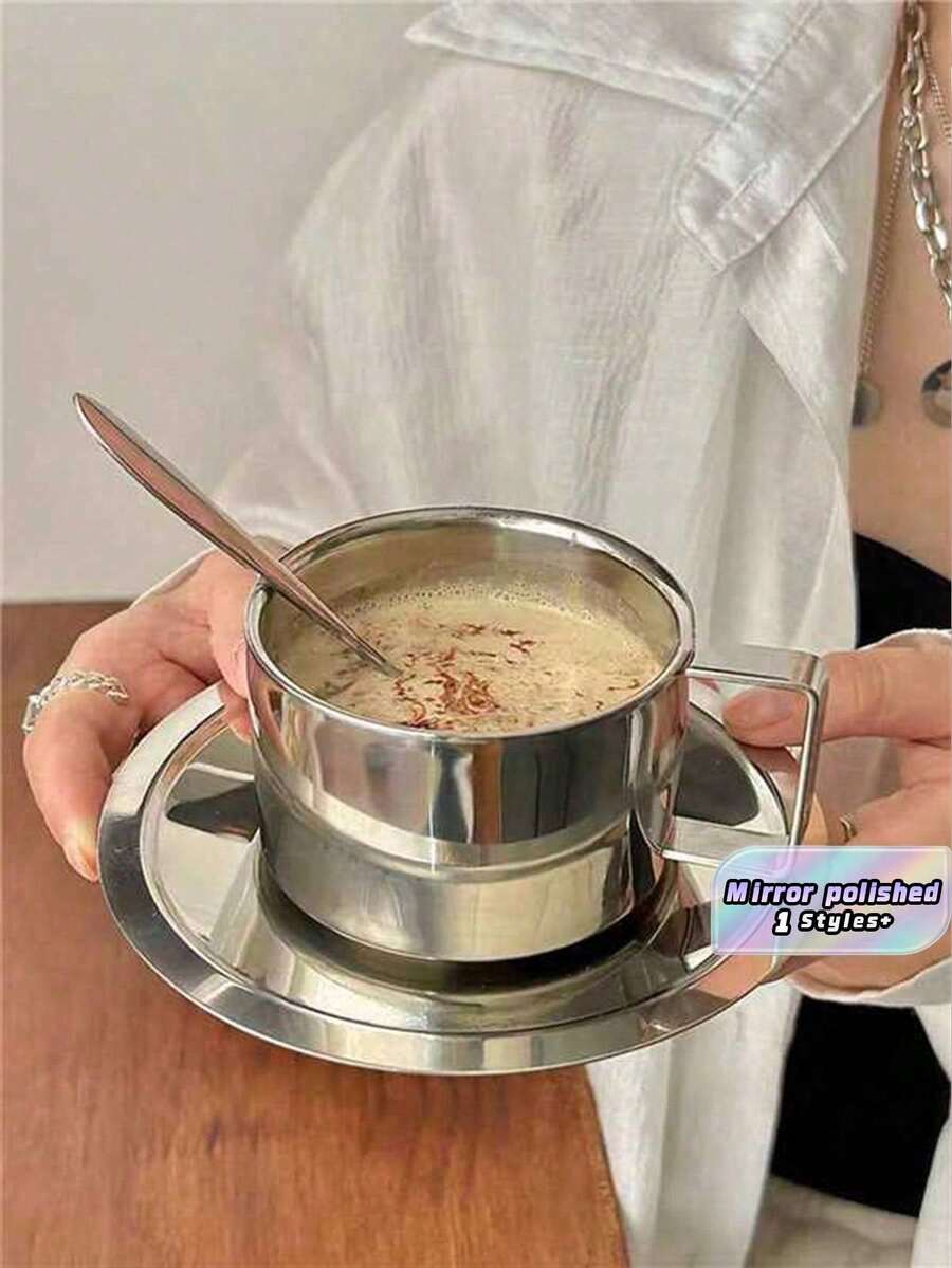 1 Set 6.8 Oz Stainless Steel Coffee Cups Set Espresso Cups, Double Walled Coffee Mugs Drinkware For Latte, Cappuccino, Milk, Tea,For Afternoon Tea Party Christmas For Holiday Gift Giving - Silver - View 1