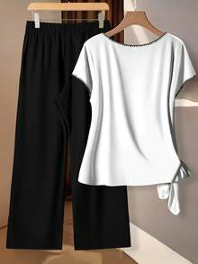 EMERY ROSE Casual Minimalist Seashell Printed Plus Size Women's Vacation Pants Set, Black & White 2-Piece Outfit, Suitable For Summer - Multicolor - View 2