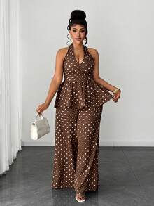 Maweii Plus Size Polka Dot Backless Halter Top And Wide Leg Pants Set, Elegant Commuting Fashion Versatile - Coffee Brown - View 4