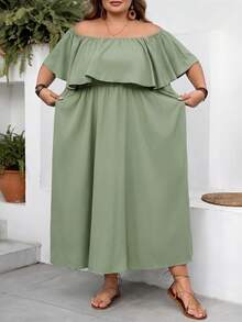 SHEIN CURVE+ Curve 尺码 US22 音乐节、海滨度假、波西米亚风黑色露肩宽松 A 字连衣裙、休闲度假连衣裙、黑色时尚连衣裙 - 橄欖綠 - 查看 6
