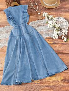 EMERY ROSE Mature Denim Women's V-Neck Button Half-Placket Ruffle Hem Casual Denim Dress - Light Wash - View 2