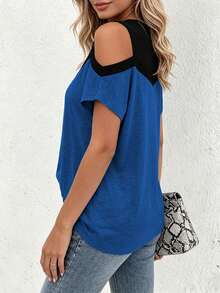SHEIN LUNE CURVE Spring Summer Autumn Personalized Blue & Black Color Block Off-Shoulder Design Holiday Commute Casual Elegant Multi-Occasion Plus Size T-Shirt - Blue - View 2