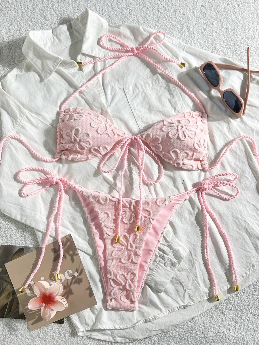 Swim Mod Summer Women 2pcs Textured Fabric Rope Tie Crop Top And Pants Swimwear Set - Pink - View 1