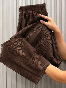 GlowEve CURVE Plus Size Women's Spring/Summer Semi-Sheer Jacquard Elastic Waist Loose Straight Leg Pants, Versatile For Commuting, Business, Shopping And Daily Wear - Brown - View 2