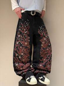 STEELVANCE Quần jeans ống đứng dáng rộng thoải mái với họa tiết râu mèo cổ điển, thời trang và dễ phối đồ. - màu đen - Xem 3