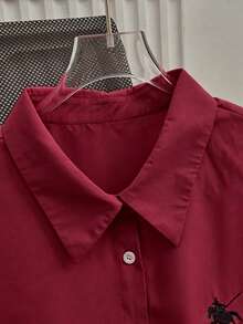 SHEIN LUNE Plus Size Women's Embroidered Knight Polo Collar Shirt - Burgundy - View 3