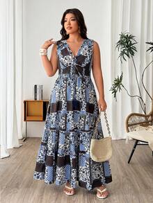 Modelyn Plus Size Printed A-Line Long Sleeveless Tassel Casual Elegant Vacation Women's Dress - Multicolor - View 4