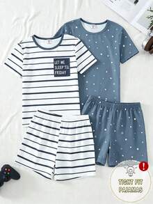 男童睡衣套装（4件套），星条印花，弹力针织面料，舒适柔软，修身剪裁，灰色和蓝色，2套 - 藍色 - 查看 4