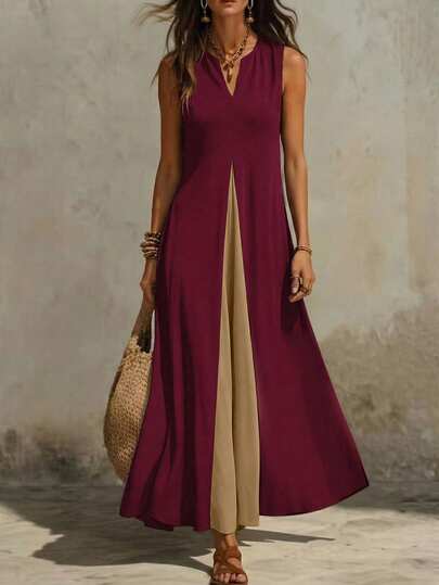 EMERY ROSE Vestido longo feminino de verão sem mangas, casual, com patchwork em blocos de cores e decote em V.