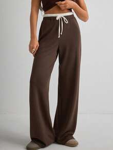 Casual Versatile Contrast Color Drawstring Waist Pants - Brown - View 2