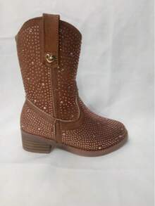 BotaS VAQUERAS con diamantes  para niñas, botas altas para niñas nueva temporada de otoño e invierno, botas largas de campo con decoración de diamantes brillantes - cafe - Ver 2