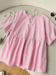 SHEIN EZwear 女士休闲条纹梭织衬衫，夏季 - 橘色 - 查看 8