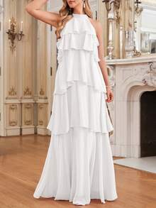 Amorya Summer Dress Women's Elegant Romantic White Halter Neck Layered Ruffle Hem Flowy Long For Wedding Dinner Date Bride Bachelorette Formal - White - View 4