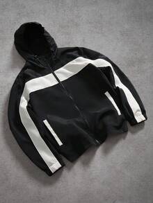 Manfinity Hypemode Men's Casual Sporty Color Block Zip-Up Hooded Jacket - Black - View 3