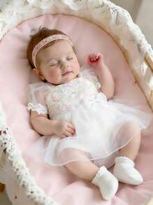 SHEIN White Color Newborn Girl Lace Dress For Photo Shooting Wedding Dresses 0-3 Month Baby Girl Puff Sleeve Photography Outfits With Headband - Multicolor - View 3