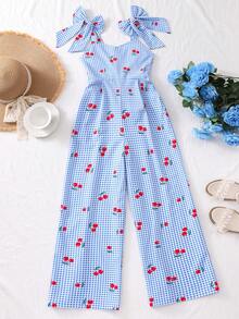 SHEIN Tween Girl's Casual Vacation Plaid & Cherry Print Sleeveless Jumpsuit With Detachable Bow Decor, Spring/Summer - Multicolor - View 3