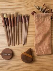 13 piezas Pinceles de maquillaje profesionales con 2 esponjas marrones, pinceles multifuncionales suaves para base, contorno, rubor, sombra de ojos y corrector, regalo de belleza ideal para mujeres - Multicolor - Ver 7