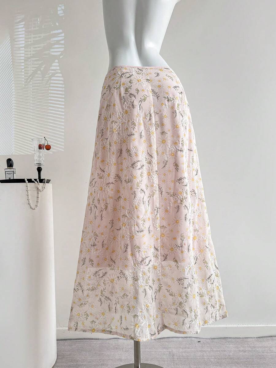 SHEIN Unity 女士休闲优雅简约印花A字裙 - 粉色 - 查看 1