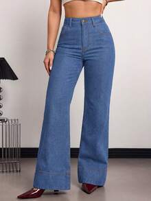 Tall Jeans de tiro alto, de pierna ancha y holgados, con bolsillos, versátiles, para uso casual en verano y primavera, elegantes para bodas y el Día de San Valentín - Azul lavado medio - Ver 7