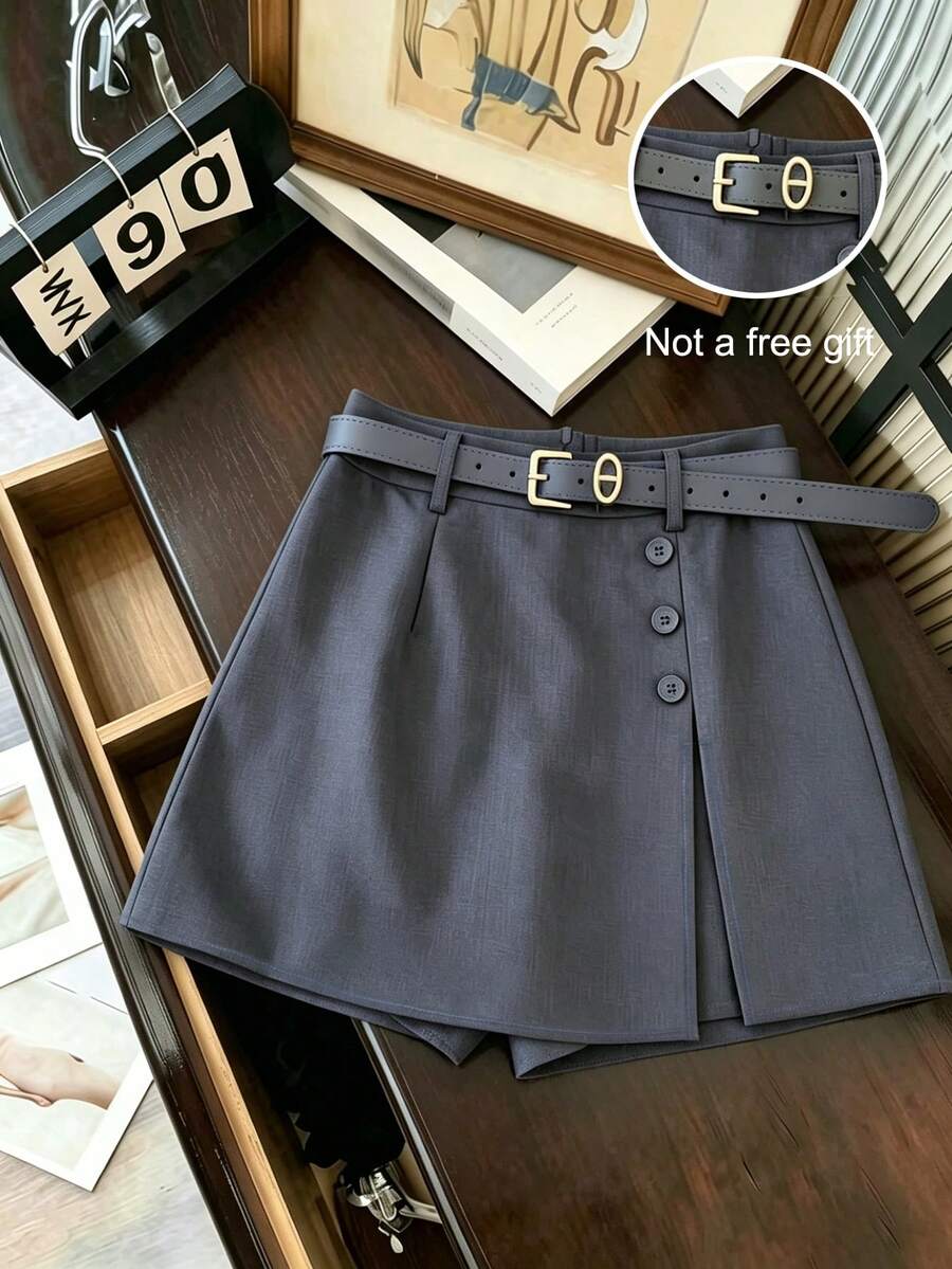 GlowEve Culotte casual con abertura de un solo abotonado gris para mujer - Gris Oscuro - Ver 1